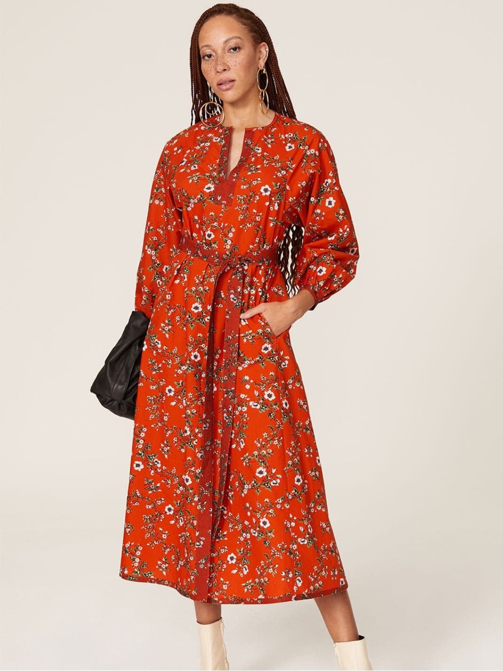 Tory Burch 100% cotton Floral-Print orange Tunic Dress w belt Sz O